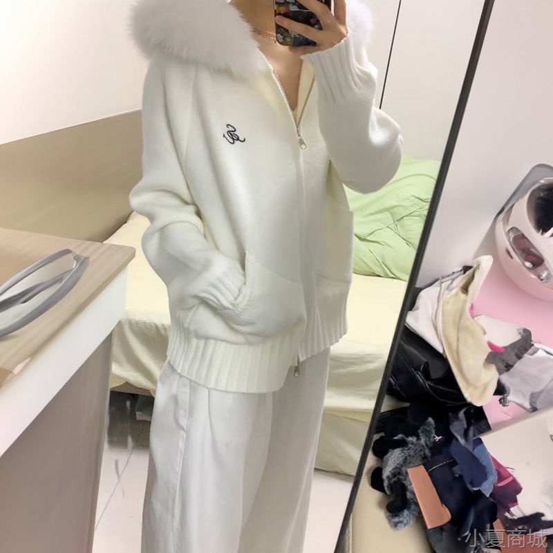 日韩时尚个性毛领连帽针织开衫女学生春秋慵懒风宽松百搭毛衣外套