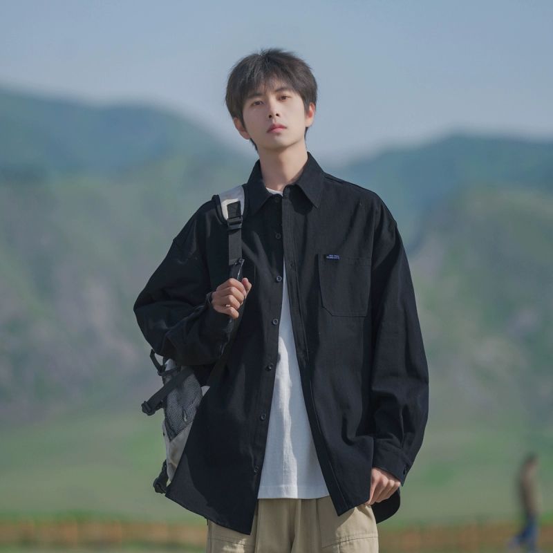 日系黑色工装长袖衬衫外套男2024新款外套春秋款复古百搭宽松衬衣