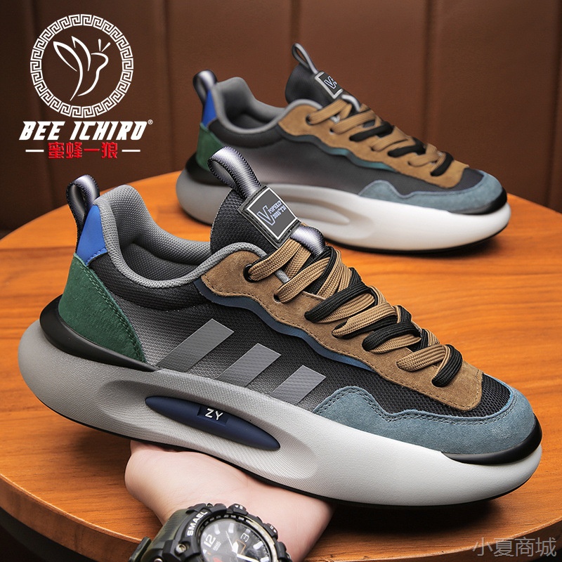 蜜蜂一狼旗舰店复古男鞋国潮春秋休闲厚底老爹鞋男增高真皮运动鞋