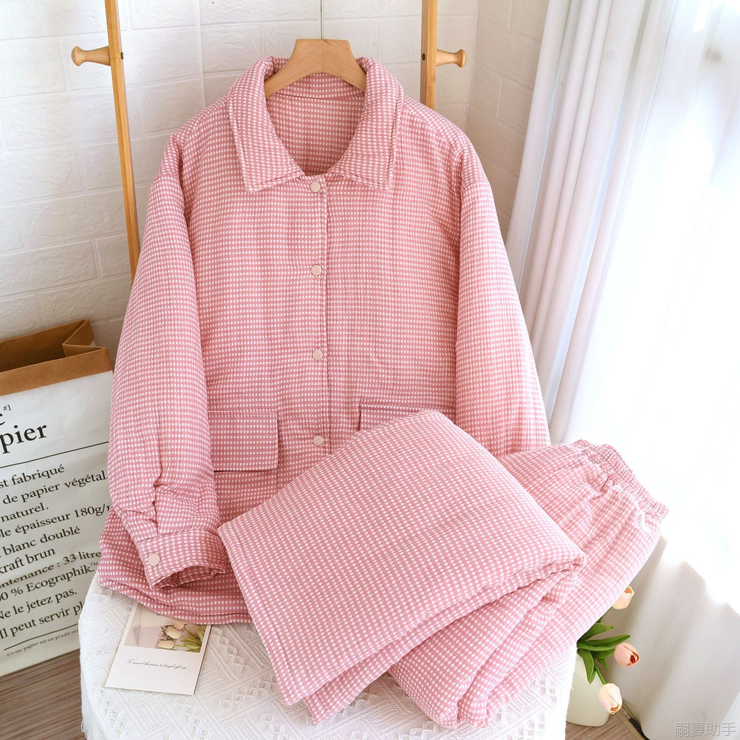 纯棉夹棉冬款睡衣男女同款冬季加厚保暖家居服套装小清新格子风格