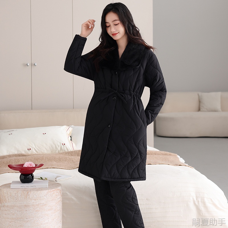 冬季保暖睡衣女中长上衣三层夹棉加厚时尚翻领羽绒棉袄家居服套装